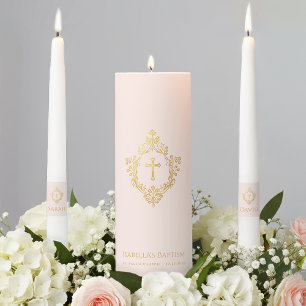 Girl Baptism Pink Faux Gold Cross in Crest Elegant Unity Candle Set