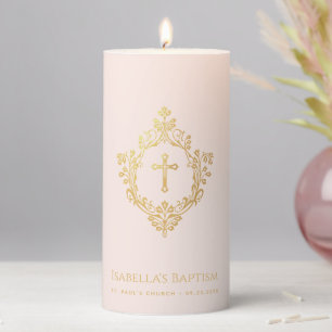 Girl Baptism Pink Faux Gold Vintage Cross in Crest Pillar Candle