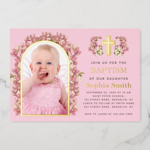 Girl Baptism Pink Floral Arch Photo Orchids Gold  Foil Invitation