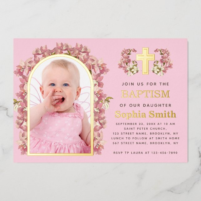 Girl Baptism Pink Floral Arch Photo Orchids Gold  Foil Invitation (Front)