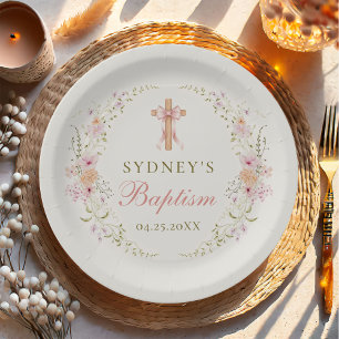Girl Baptism Pink Floral Bow Paper Plates