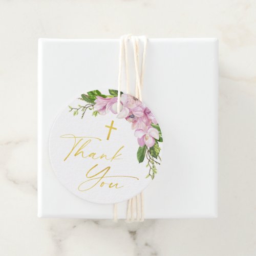 Girl Baptism Pink Flowers and Gross Thank You Favor Tags