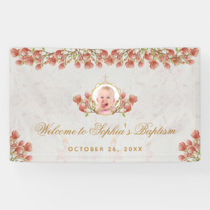 Girl Baptism Pink Magnolia Gold Calligraphy Photo Banner