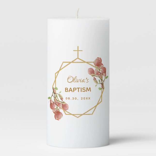 Girl Baptism Pink Magnolia Gold Floral Geometric Pillar Candle (Front)