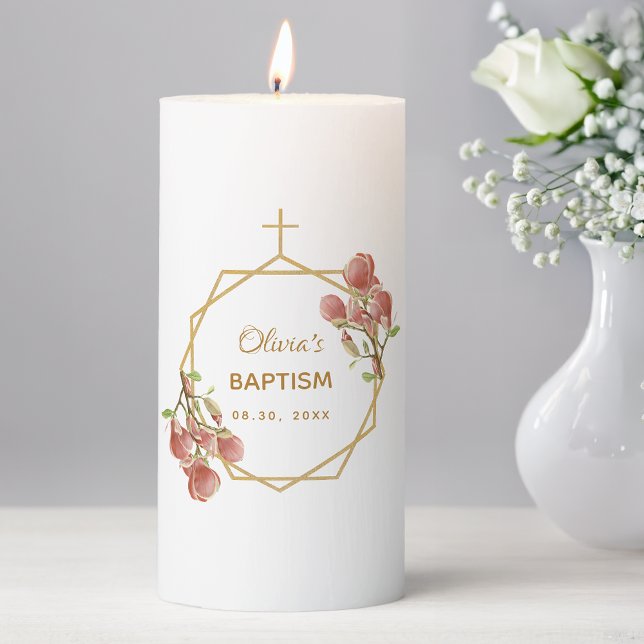 Girl Baptism Pink Magnolia Gold Floral Geometric Pillar Candle (Creator Uploaded)