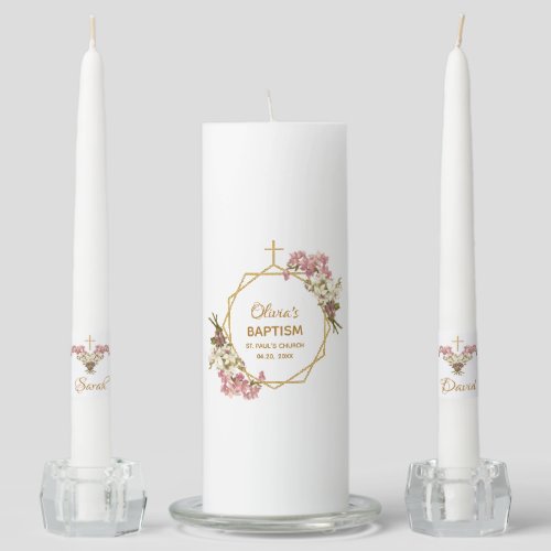 Girl Baptism Pink Orchids Gold Floral Geometric Unity Candle Set