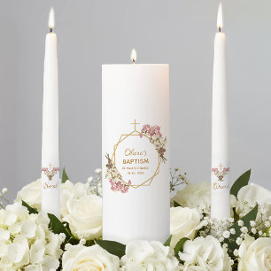 Girl Baptism Pink Orchids Gold Floral Geometric Unity Candle Set