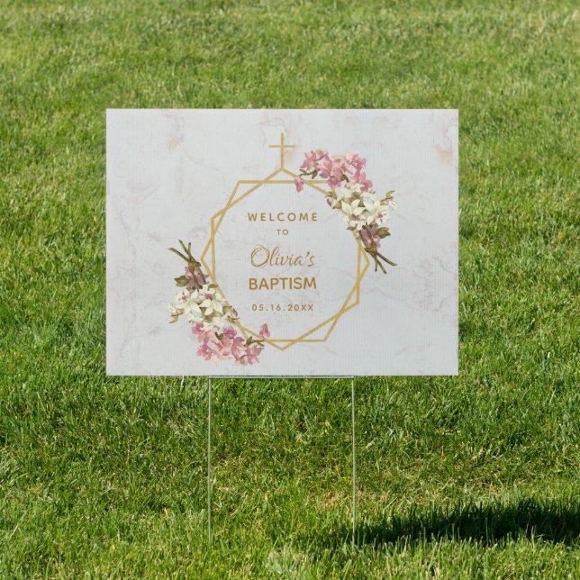 Girl Baptism Pink Orchids Marble Gold Welcome Sign (Insitu)