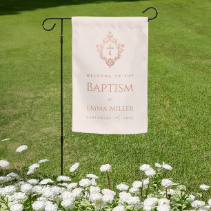 Girl Baptism Pink Rose Gold Crest Cross Elegant Garden Flag