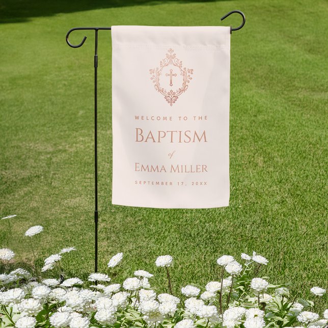Girl Baptism Pink Rose Gold Crest Cross Elegant Garden Flag (Creator Uploaded)