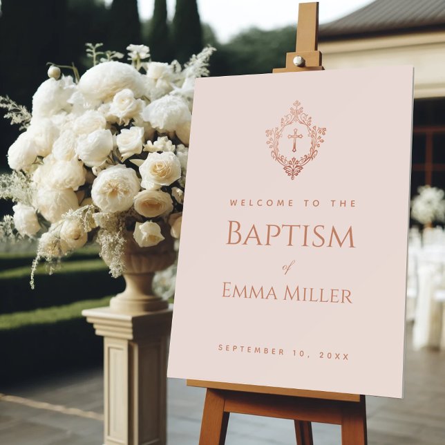 Girl Baptism Pink Rose Gold Crest Elegant Welcome Foam Board (Creator Uploaded)