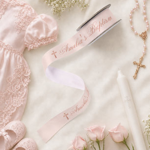 Girl Baptism Pink Rose Gold Cross and Calligraphy Satin Ribbon