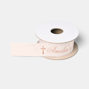 Girl Baptism Pink Rose Gold Cross and Calligraphy Satin Ribbon