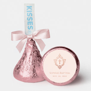 Girl Baptism Pink Rose Gold Cross in Crest Elegant Hershey®'s Kisses®