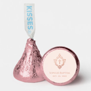 Girl Baptism Pink Rose Gold Cross in Crest Elegant Hershey®'s Kisses®