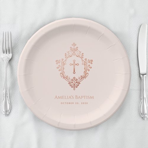 Girl Baptism Pink Rose Gold Elegant Vintage Crest  Paper Plates