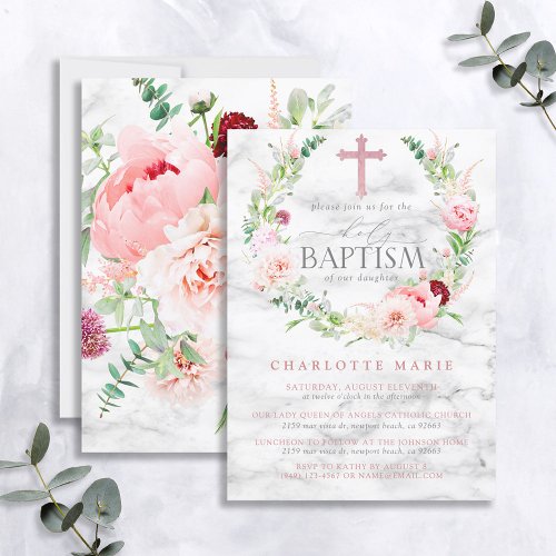 Girl Baptism Pink Roses Marble Cross Elegant Invitation