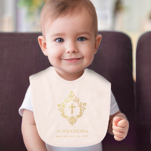 Girl Baptism Pink Vintage Faux Gold Cross in Crest Baby Bib