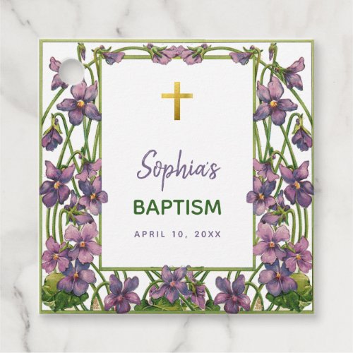 Girl Baptism Purple Violets Floral Gold Cross  Favor Tags