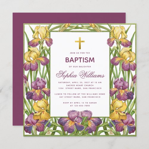 Girl Baptism Purple Yellow Iris Gold Cross Floral Invitation