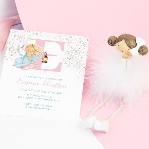 Girl Baptism Rose Gold Angel Initial Invitation