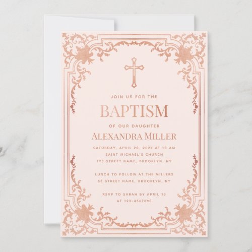 Girl Baptism Rose Gold Blush Pink Vintage Elegant Invitation