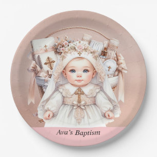 Girl Baptism Rose Gold Christening Basket Paper Plates