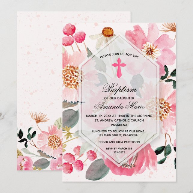 Girl Baptism Watercolor Pink Floral Invitation (Front/Back)