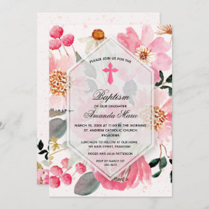 Girl Baptism Watercolor Pink Floral Invitation