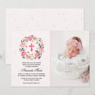 Girl Baptism Watercolor Pink Floral Invitations