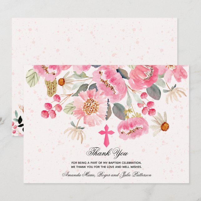 Girl Baptism Watercolor Pink Floral Thank You Card (Front/Back)