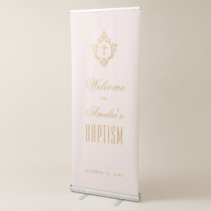 Girl Baptism Welcome Pink Gold Cross Crest Script Retractable Banner