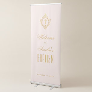 Girl Baptism Welcome Pink Gold Cross Crest Script Retractable Banner