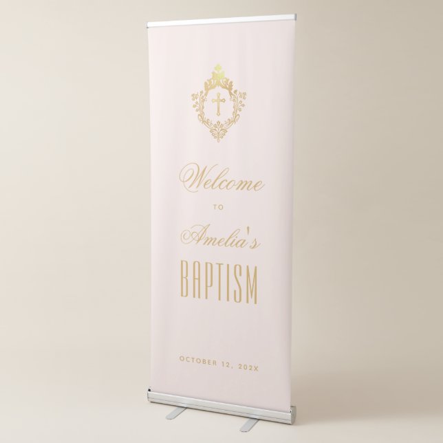 Girl Baptism Welcome Pink Gold Cross Crest Script Retractable Banner (3/4)