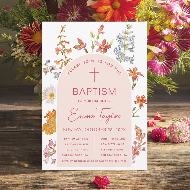 Girl Baptism Wildflowers Pink Arch Christening  Invitation (Creator Uploaded)