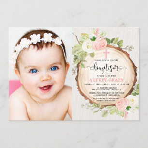 Girl baptism woodland pink white floral photo invitation