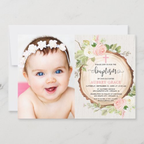 Girl baptism woodland pink white floral photo invitation