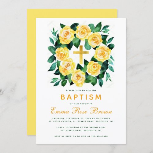 Girl Baptism Yellow Rose Wreath Faux Gold Invitation