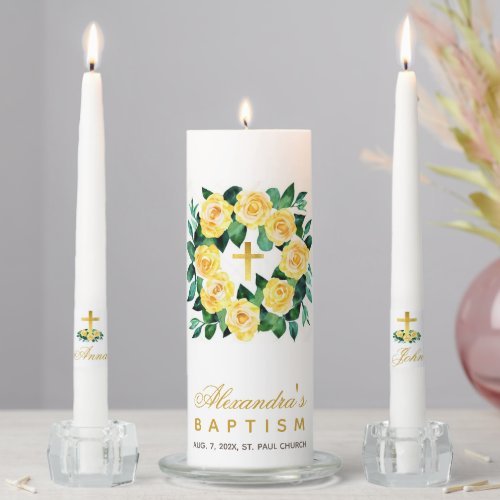 Girl Baptism Yellow Roses Wreath  Faux Gold Cross Unity Candle Set