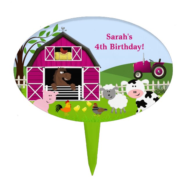 Girl Barnyard Farm Animals Birthday Cake Topper (Front)