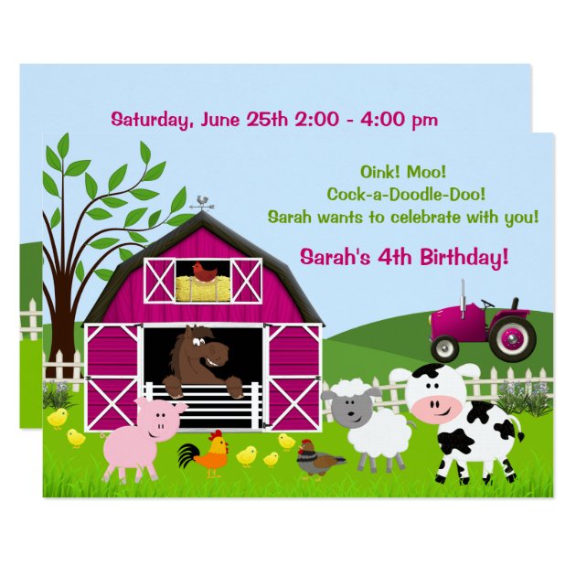Girl Barnyard Farm Animals Birthday Invitations