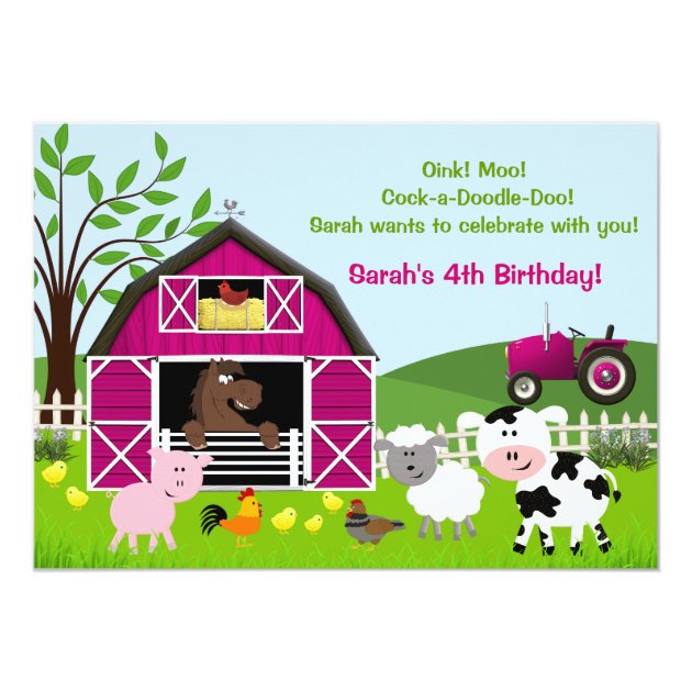 Girl Barnyard Farm Animals Birthday Invitations