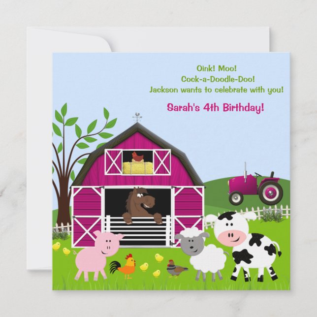 Girl Barnyard Farm Animals Birthday Invitations (Front)