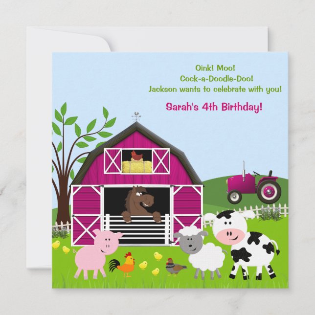 Girl Barnyard Farm Animals Birthday Invitations (Front)