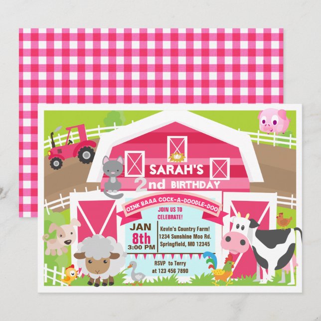 Girl barnyard invitation - Farm Birthday (Front/Back)