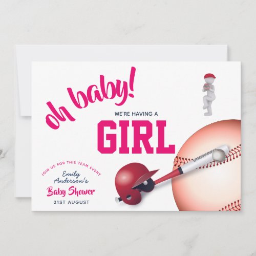GIRL Baseball Baby Shower PINK Blue Invitations