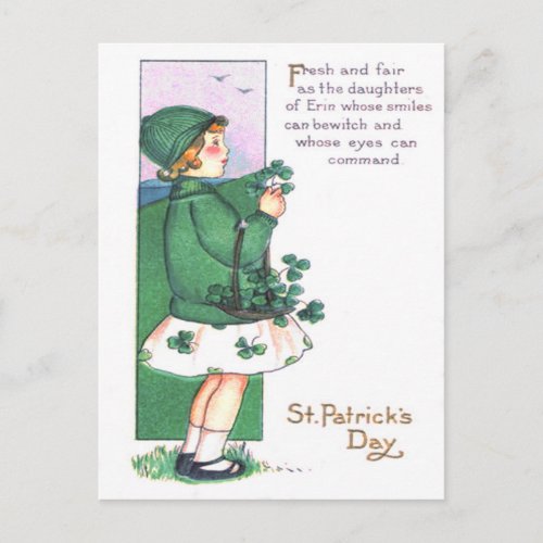 Girl Basket Shamrocks Postcard