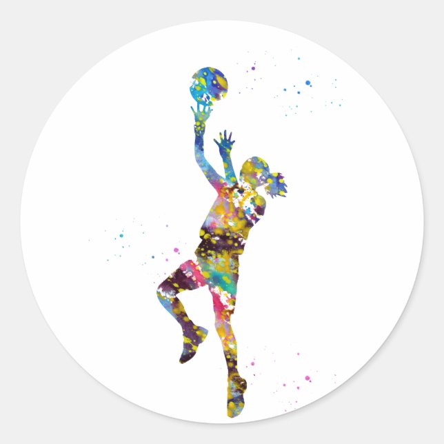 Girl basketball player classic round sticker (Front)