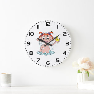 Girl Bath Time Fun with Rubber Duck and Bubbles  Large Clock