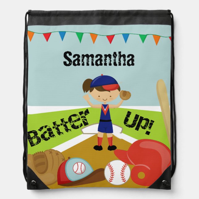 Girl Batter Up Baseball Customized Drawstring Bag (Front)